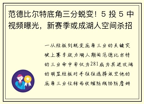 范德比尔特底角三分蜕变！5 投 5 中视频曝光，新赛季或成湖人空间杀招